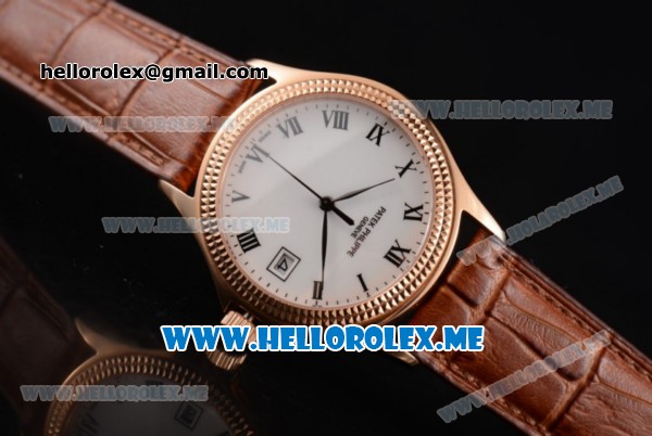 Patek Philippe Calatrava Miyota 9015 Automatic Rose Gold Case with White Dial Brown Leather Strap and Roman Numeral Markers - Click Image to Close